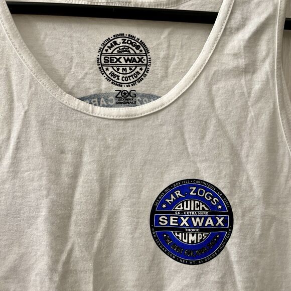 MR ZOGS Original SexWax Quick Humps Men's Tank Top Shirt M White Surfer Beach - Picture 4 of 6